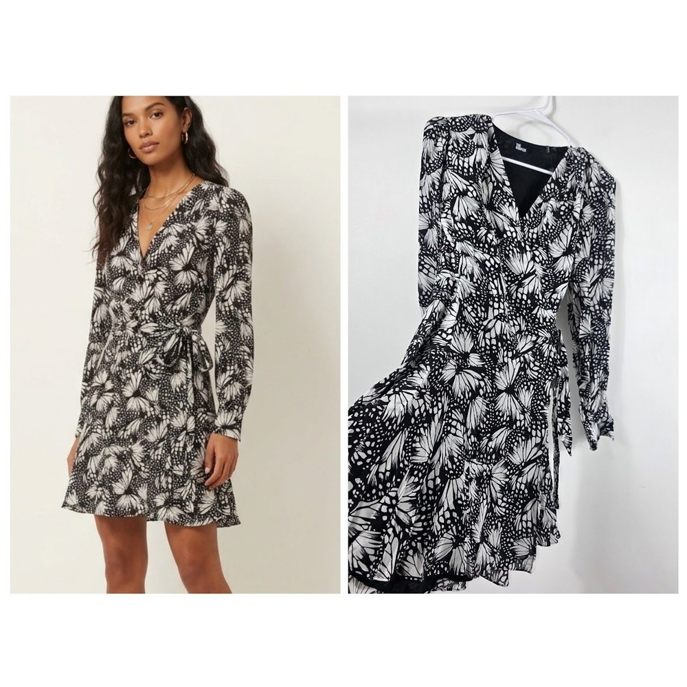 The Kooples Messy Butterfly‎ Wrap Dress Womens 1 Black White Mini FROB27226K